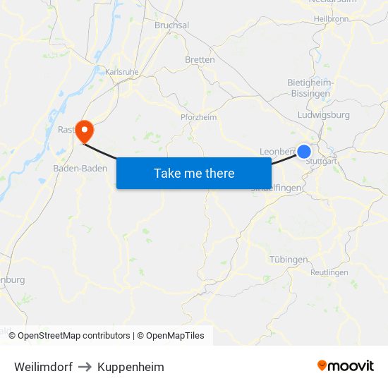 Weilimdorf to Kuppenheim map