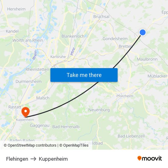 Flehingen to Kuppenheim map
