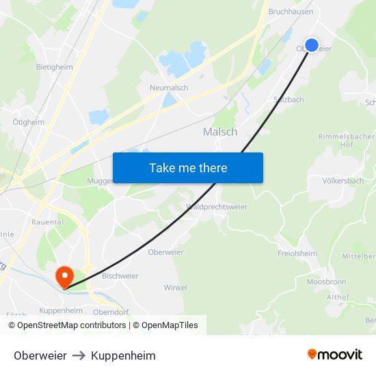 Oberweier to Kuppenheim map