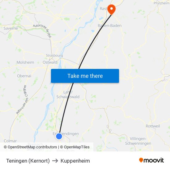 Teningen (Kernort) to Kuppenheim map