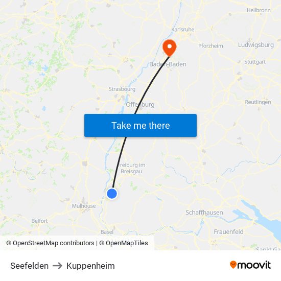 Seefelden to Kuppenheim map