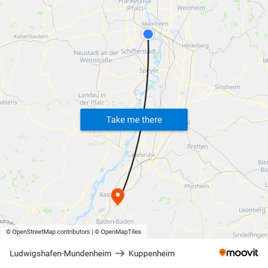 Ludwigshafen-Mundenheim to Kuppenheim map