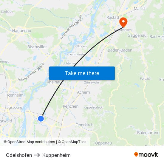 Odelshofen to Kuppenheim map