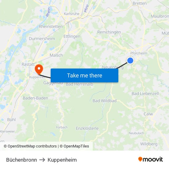 Büchenbronn to Kuppenheim map