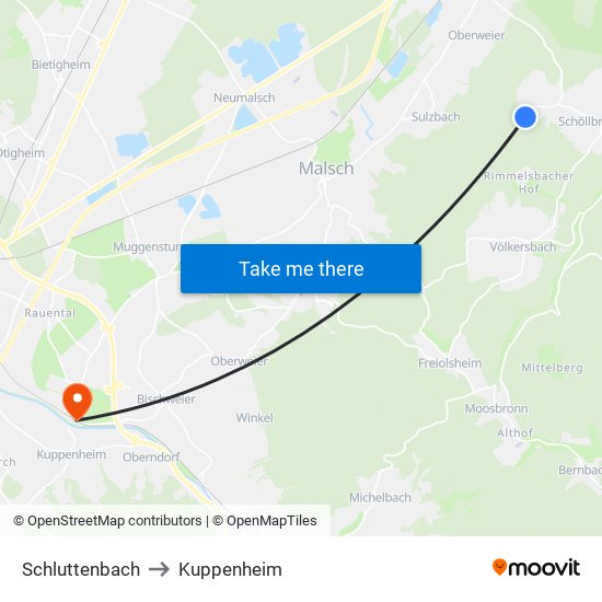 Schluttenbach to Kuppenheim map