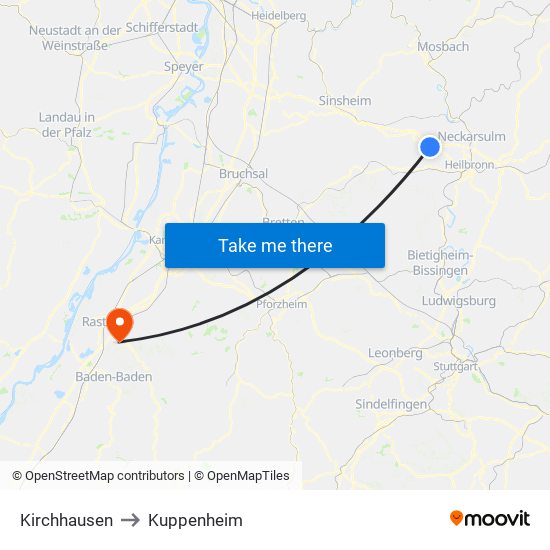 Kirchhausen to Kuppenheim map