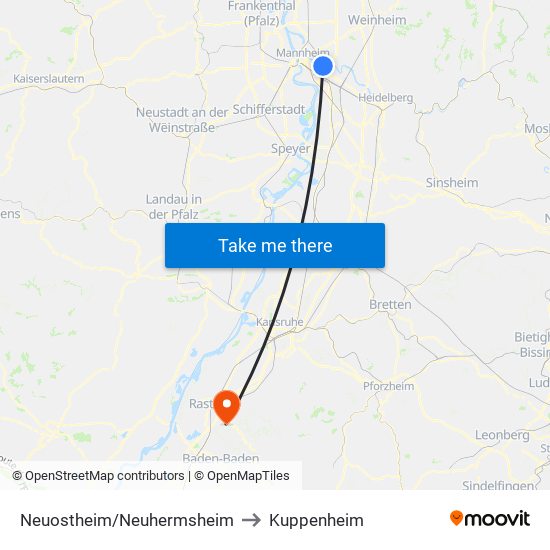 Neuostheim/Neuhermsheim to Kuppenheim map