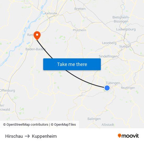 Hirschau to Kuppenheim map