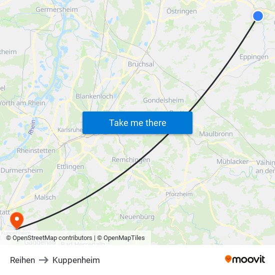 Reihen to Kuppenheim map