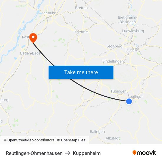 Reutlingen-Ohmenhausen to Kuppenheim map