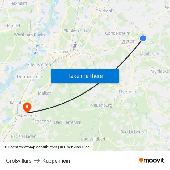 Großvillars to Kuppenheim map