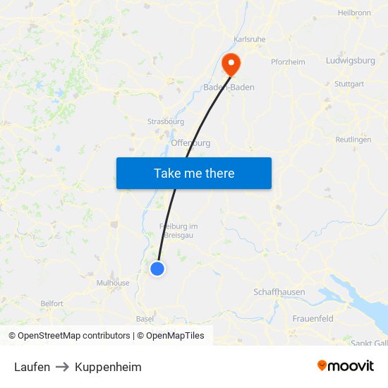 Laufen to Kuppenheim map