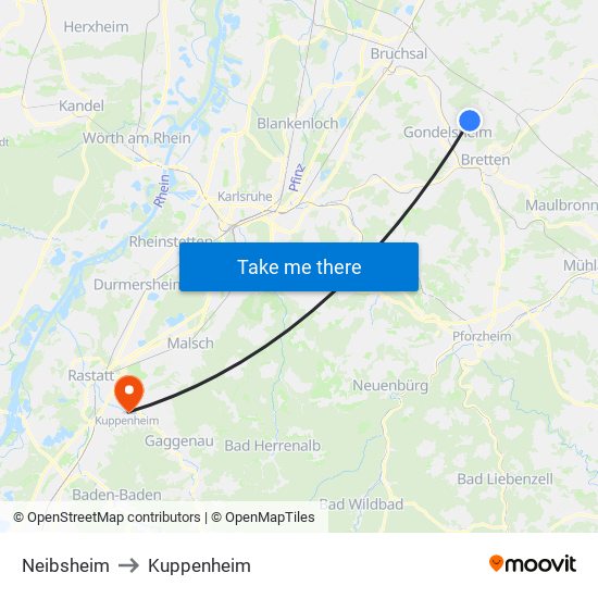 Neibsheim to Kuppenheim map