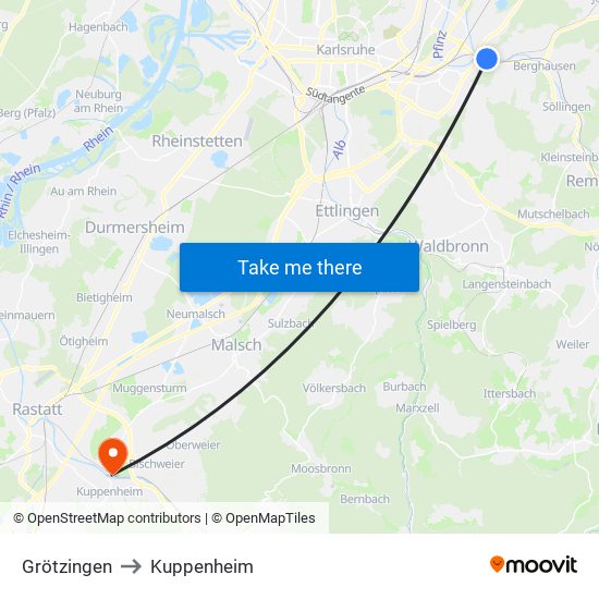 Grötzingen to Kuppenheim map