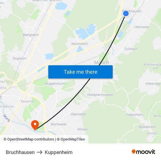 Bruchhausen to Kuppenheim map