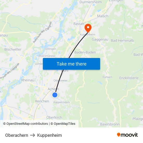 Oberachern to Kuppenheim map