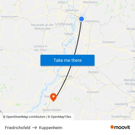 Friedrichsfeld to Kuppenheim map