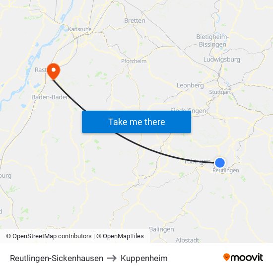 Reutlingen-Sickenhausen to Kuppenheim map