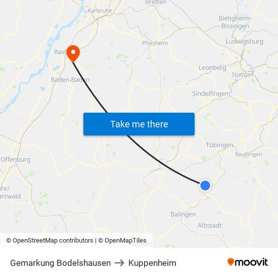 Gemarkung Bodelshausen to Kuppenheim map