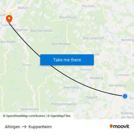 Altingen to Kuppenheim map