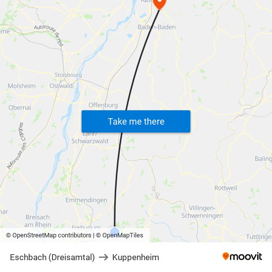 Eschbach (Dreisamtal) to Kuppenheim map