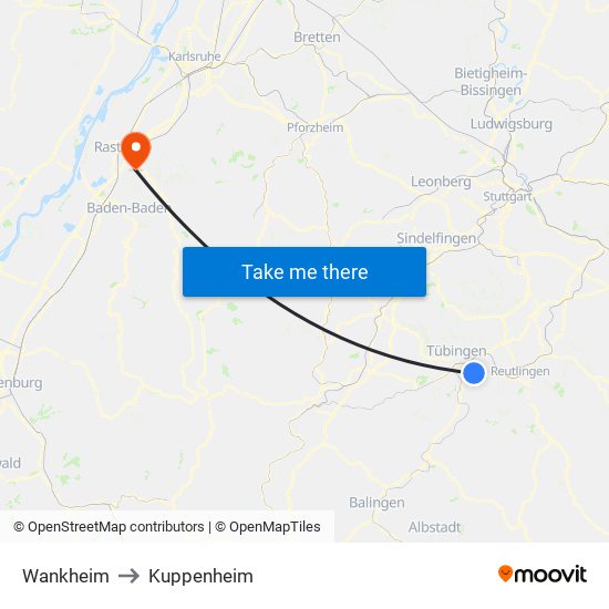 Wankheim to Kuppenheim map
