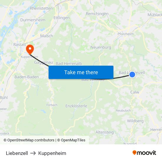 Liebenzell to Kuppenheim map