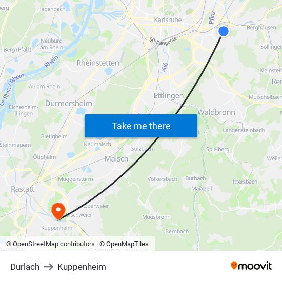 Durlach to Kuppenheim map