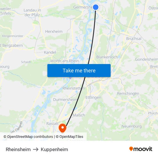 Rheinsheim to Kuppenheim map