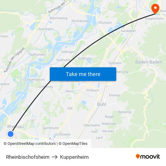 Rheinbischofsheim to Kuppenheim map