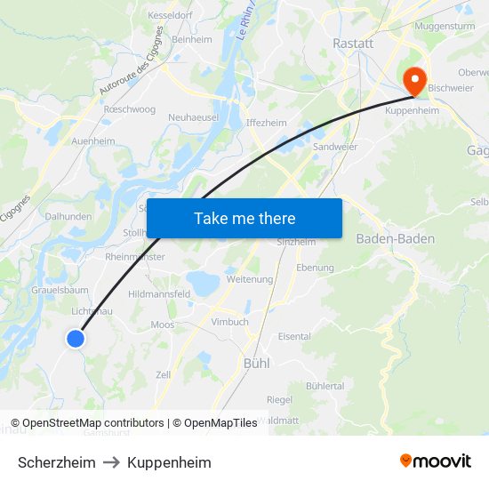 Scherzheim to Kuppenheim map