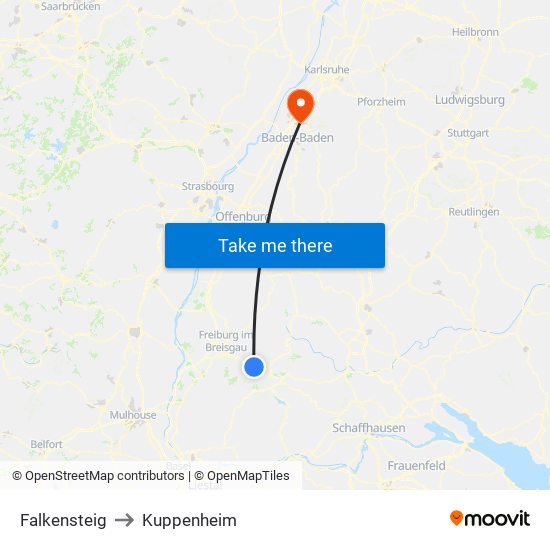 Falkensteig to Kuppenheim map