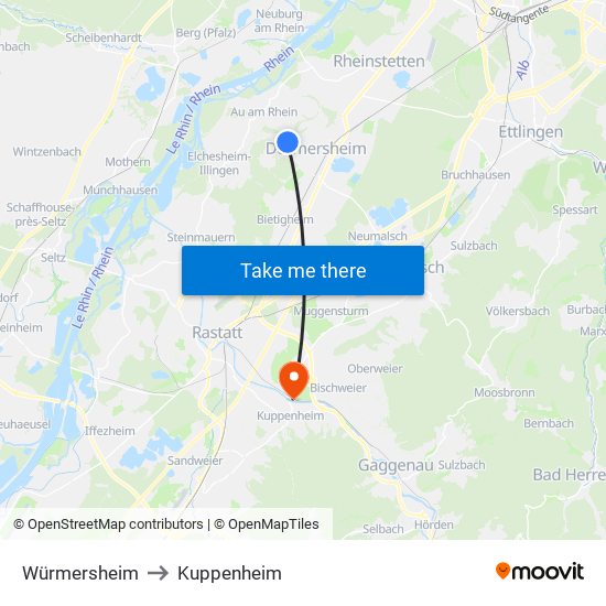 Würmersheim to Kuppenheim map