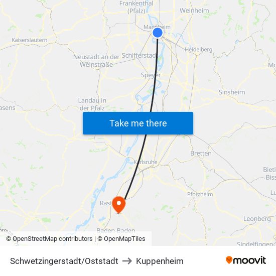 Schwetzingerstadt/Oststadt to Kuppenheim map