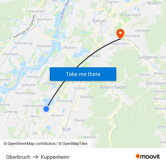 Oberbruch to Kuppenheim map