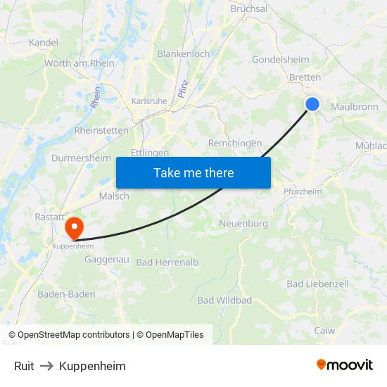 Ruit to Kuppenheim map