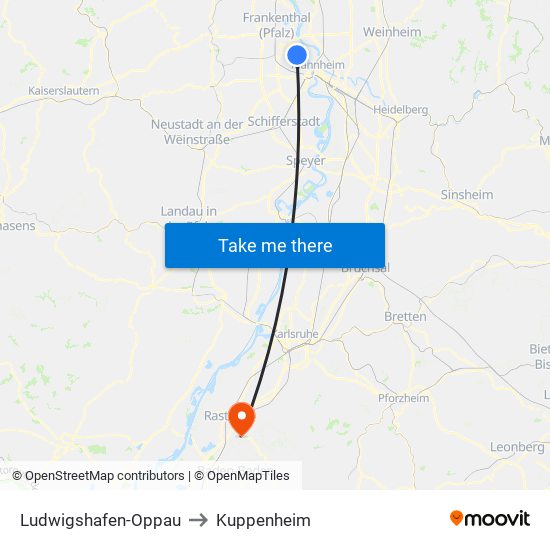 Ludwigshafen-Oppau to Kuppenheim map