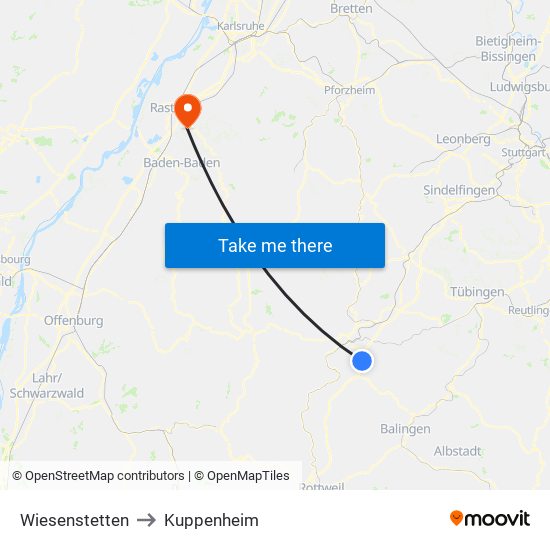 Wiesenstetten to Kuppenheim map