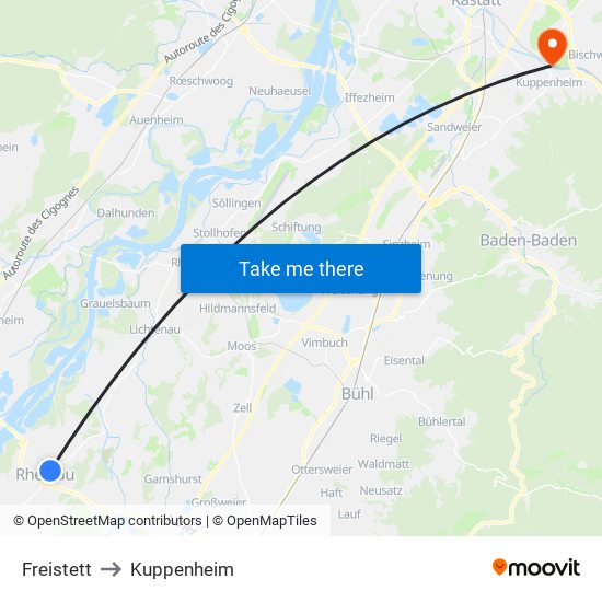 Freistett to Kuppenheim map