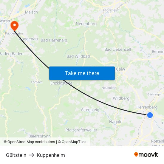 Gültstein to Kuppenheim map