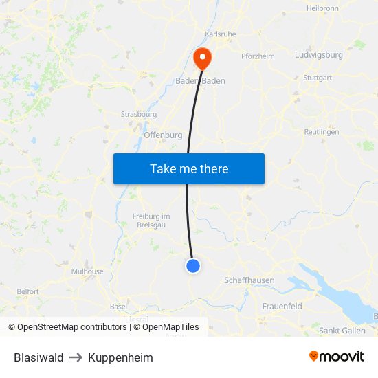 Blasiwald to Kuppenheim map