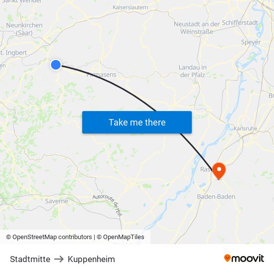 Stadtmitte to Kuppenheim map