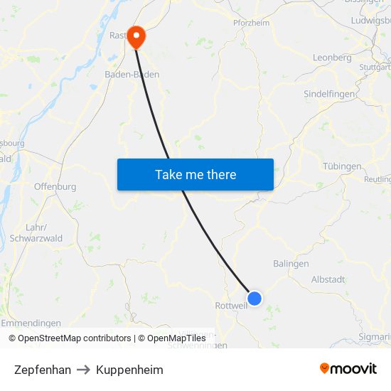 Zepfenhan to Kuppenheim map