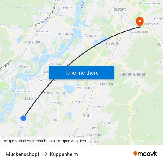 Muckenschopf to Kuppenheim map