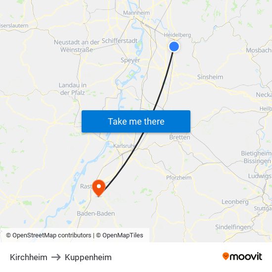 Kirchheim to Kuppenheim map