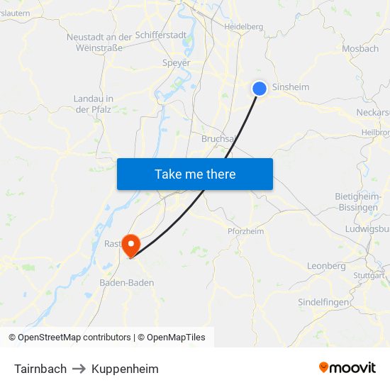 Tairnbach to Kuppenheim map