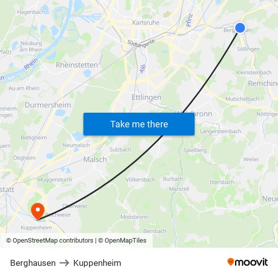 Berghausen to Kuppenheim map