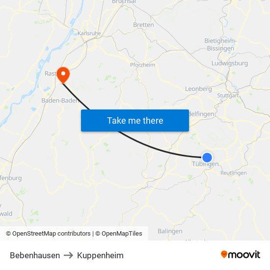 Bebenhausen to Kuppenheim map