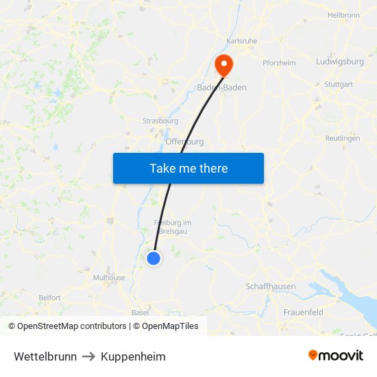 Wettelbrunn to Kuppenheim map