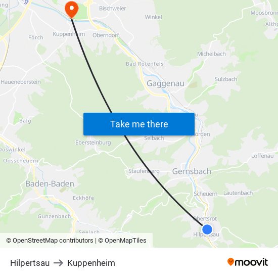 Hilpertsau to Kuppenheim map